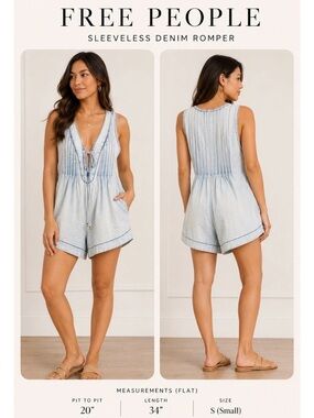 Free People Sleeveless Denim Tie-Front Romper in Light Blue Wash